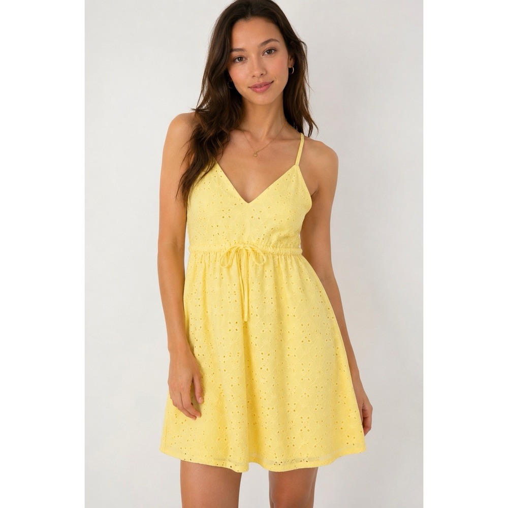 Wild Fable Yellow Eyelet V-Neck Adjustable Strap Lined Mini Dress Women XXS